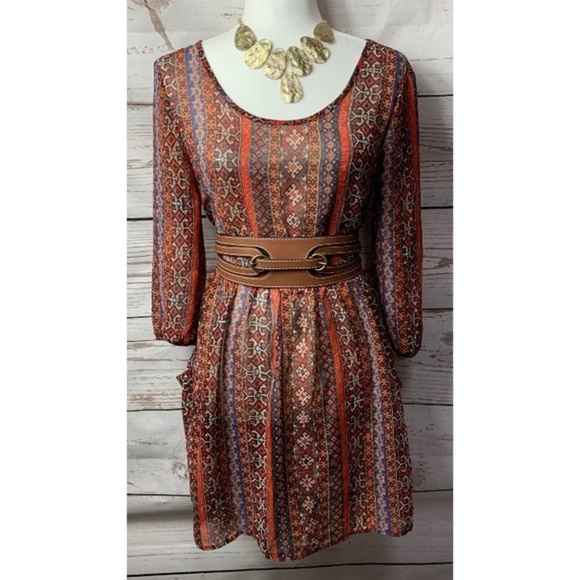 NWOT Band Of Gypsies Sheer Aztec Boho Print Dress - Picture 1 of 7